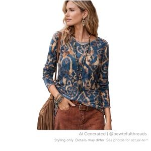 Angela Mara Teal Abstract Knit Top S/M Lightweight Stretch Artsy Boho